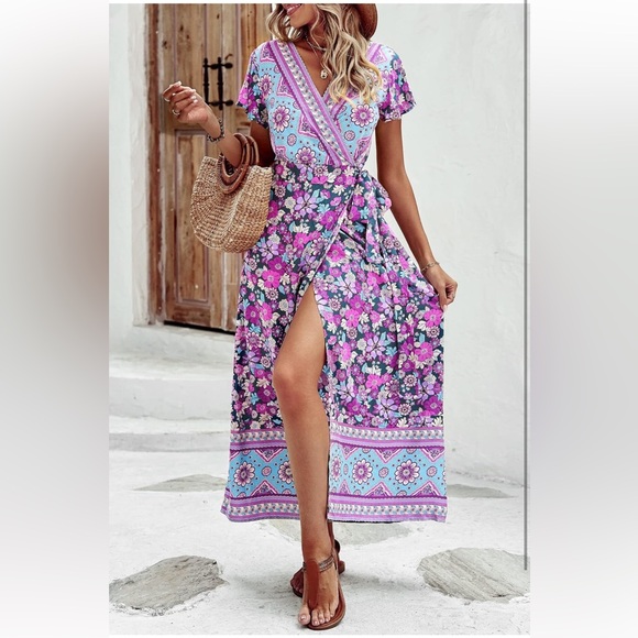 Boho front high split v-neck maxi dress floral purple Large  12/14 - Picture 9 of 9